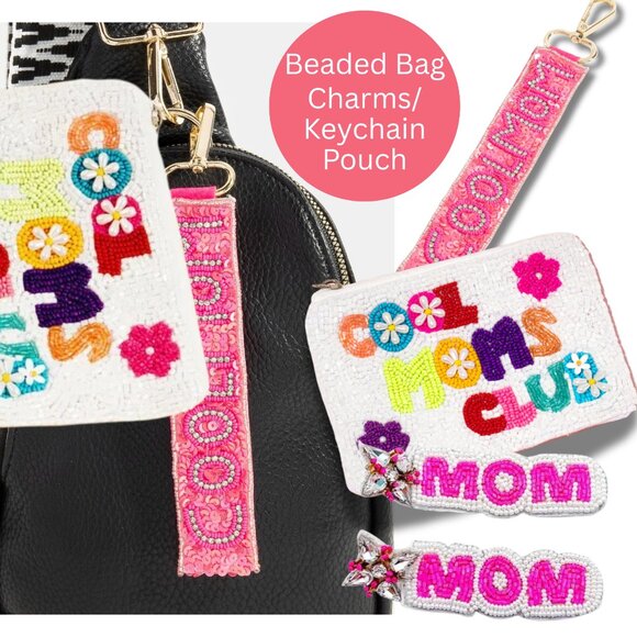 Cool MOMS Club Seed Beaded Pink Coin Pouch - Earrings - Lanyard Keychain Charm - Picture 1 of 8